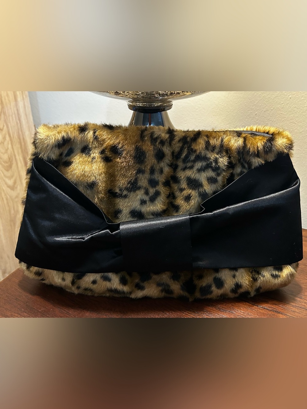 Leopard Faux-Fur Clutch with Black Satin Bow